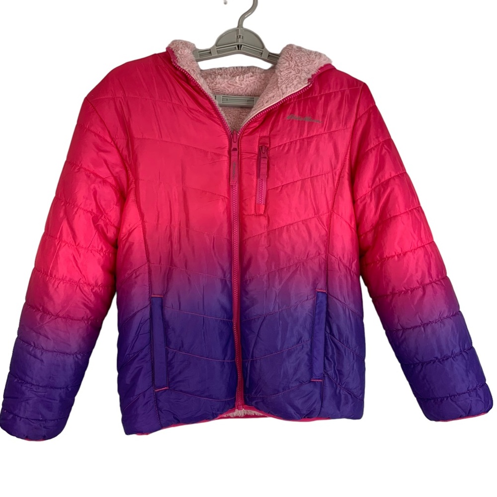 Eddie Bauer Jacket Full Zip REVERSIBLE Fleece Pink Hooded Size Girls L 14/16